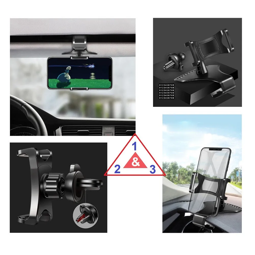 3 in 1 Car GPS Smartphone Holder: Dashboard / Visor Clamp   AC Grid Clip for Allview P10 Style (2018) - Black