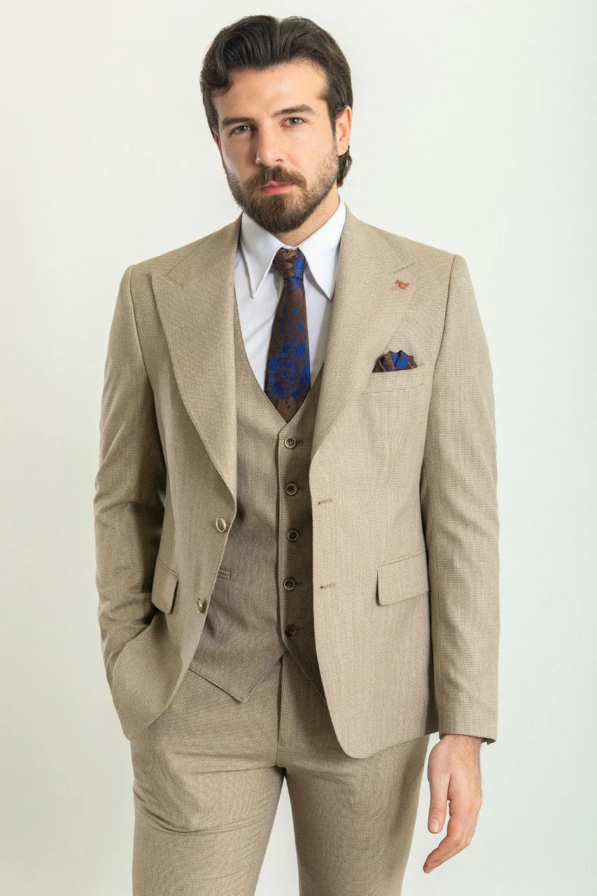 Beige Slim Fit Peak Lapel 3 Piece Plain Suit for Men | GentWith