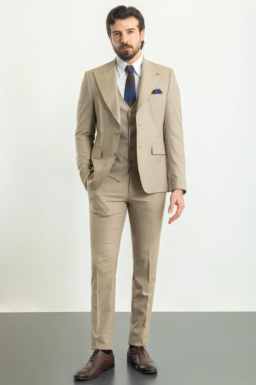 Beige Slim Fit Peak Lapel 3 Piece Plain Suit for Men | GentWith