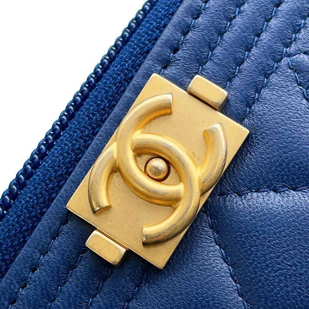 CHANEL Boy Chanel Compact Wallet Blue A80602 Lambskin