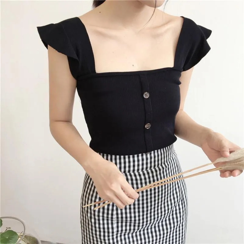 Knit Wavy Shoulders Elegant Fron Buttons Top