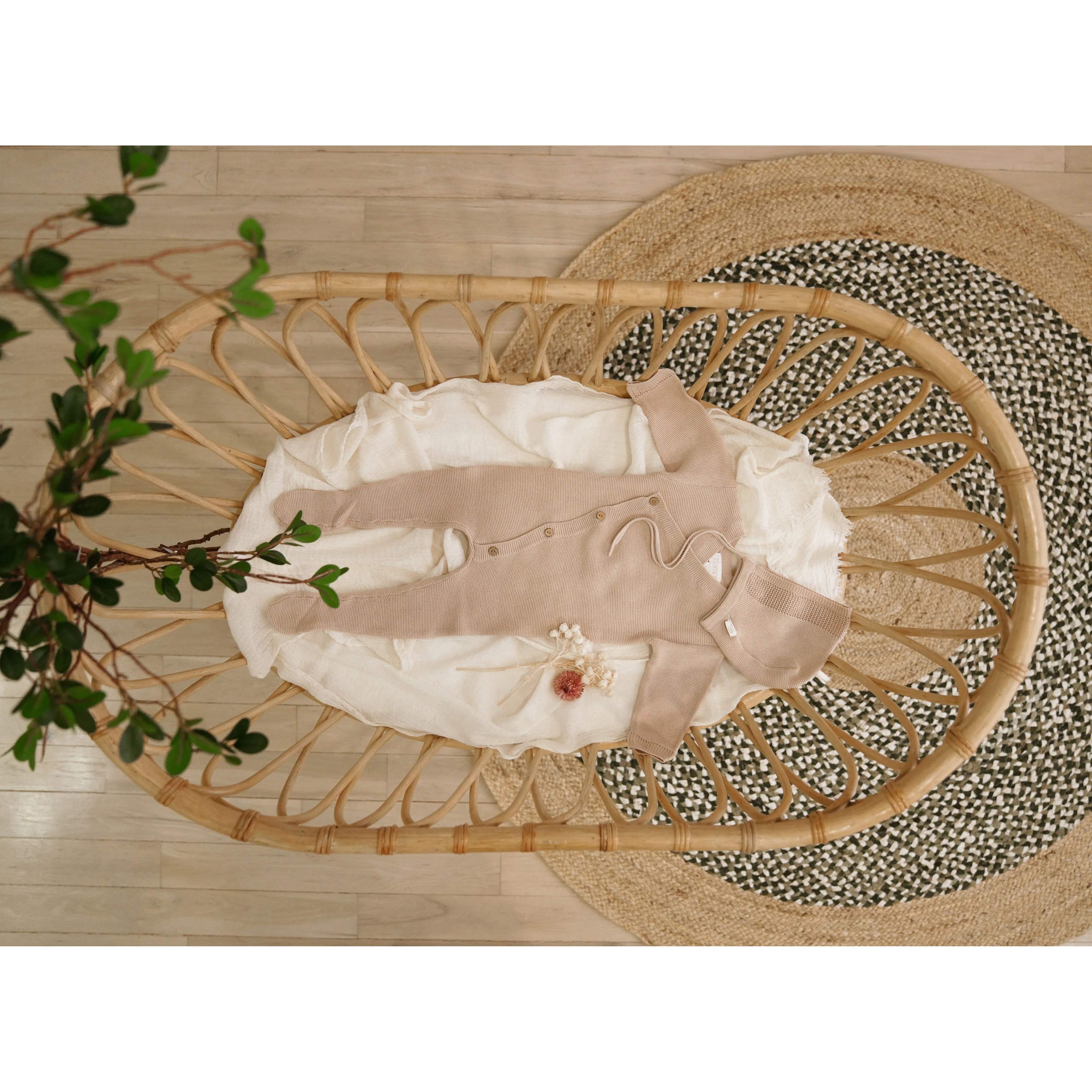 Rommp Eyelet Trim Beige Knit Onesie