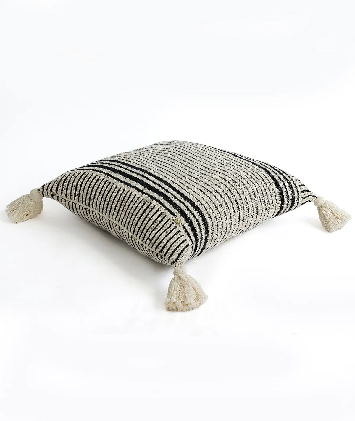 Stripe Square Cotton Knitted Decorative Natural & Black Color 18 x 18 Inches Cushion Cover