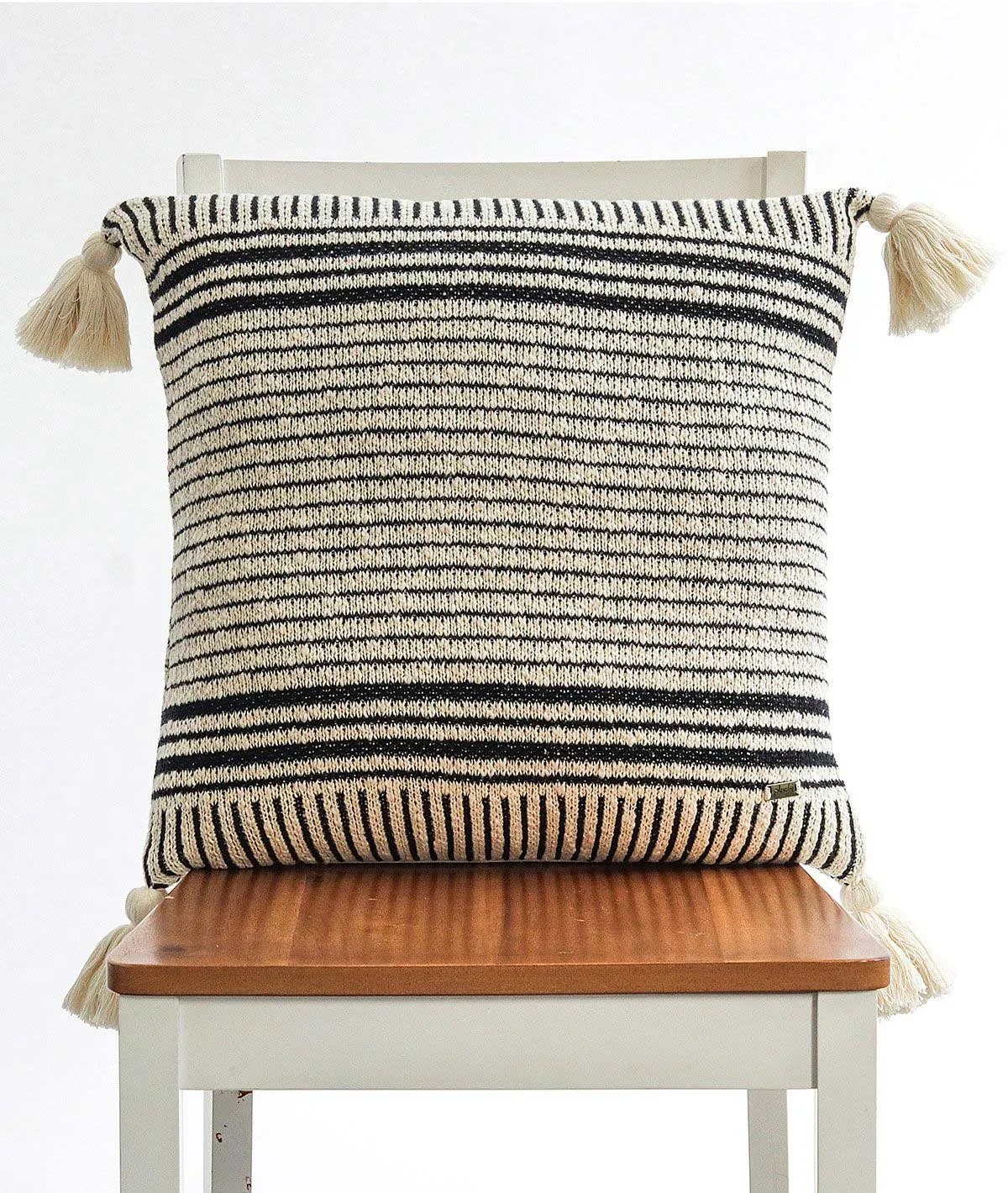 Stripe Square Cotton Knitted Decorative Natural & Black Color 18 x 18 Inches Cushion Cover