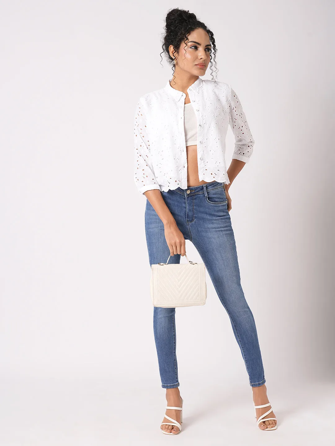 Women Slim Fit Bleach White Crop Schiffli Shirt