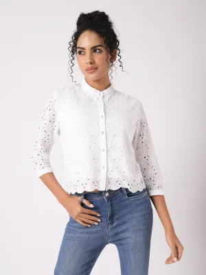 Women Slim Fit Bleach White Crop Schiffli Shirt