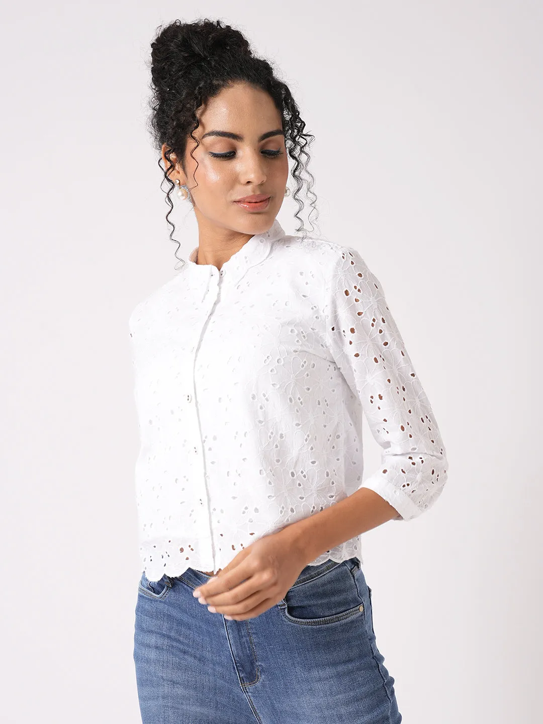 Women Slim Fit Bleach White Crop Schiffli Shirt