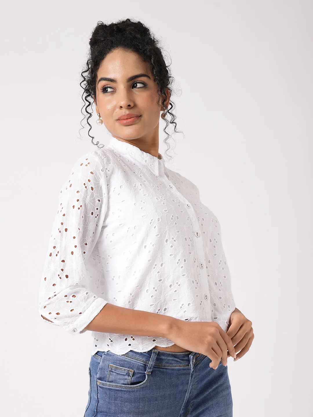 Women Slim Fit Bleach White Crop Schiffli Shirt
