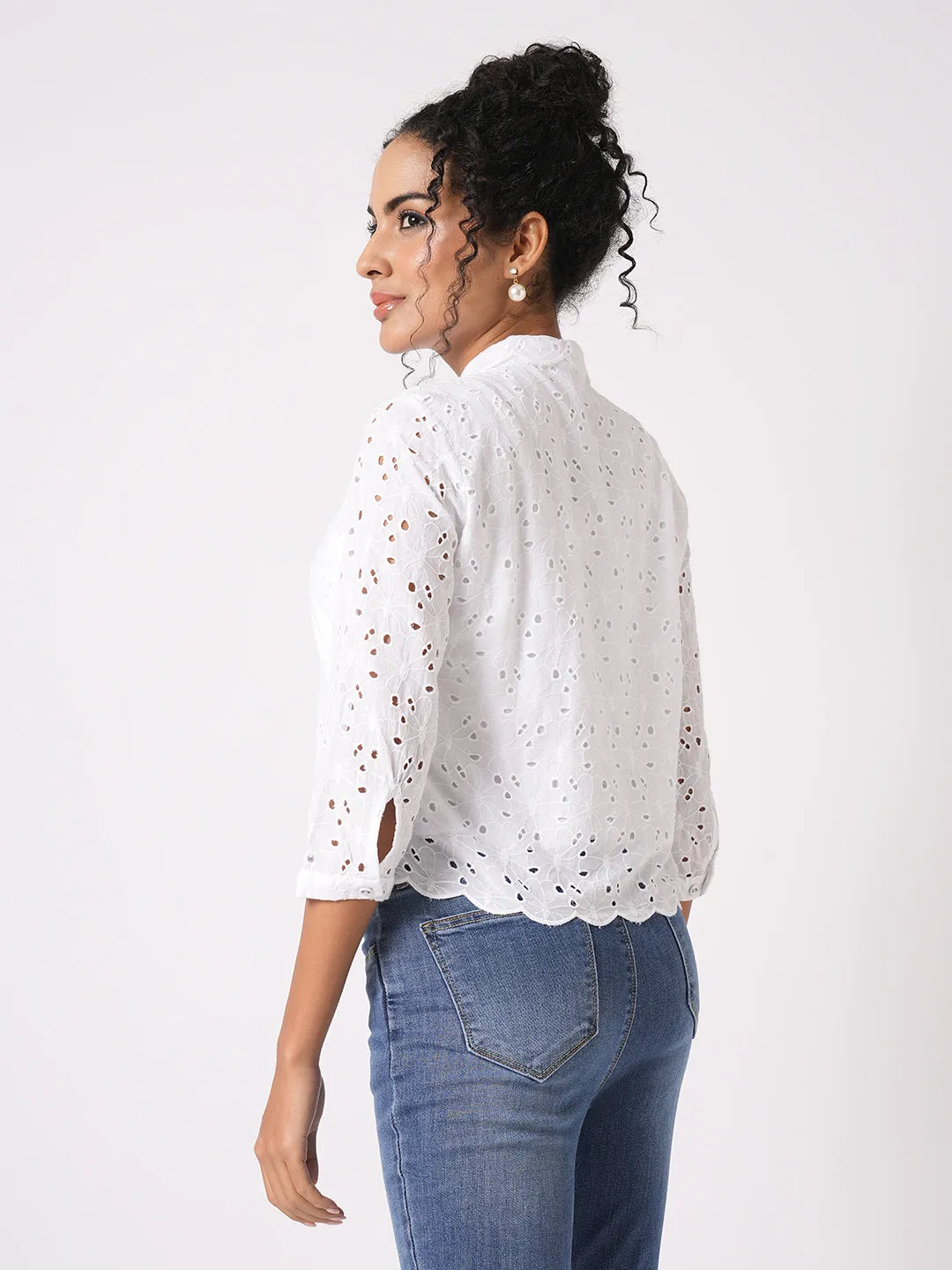 Women Slim Fit Bleach White Crop Schiffli Shirt