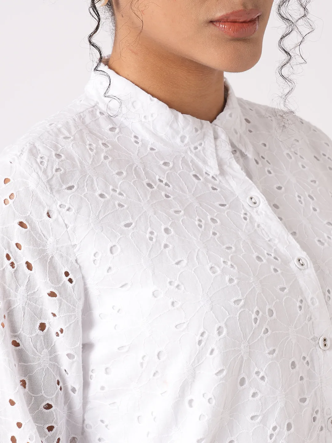 Women Slim Fit Bleach White Crop Schiffli Shirt