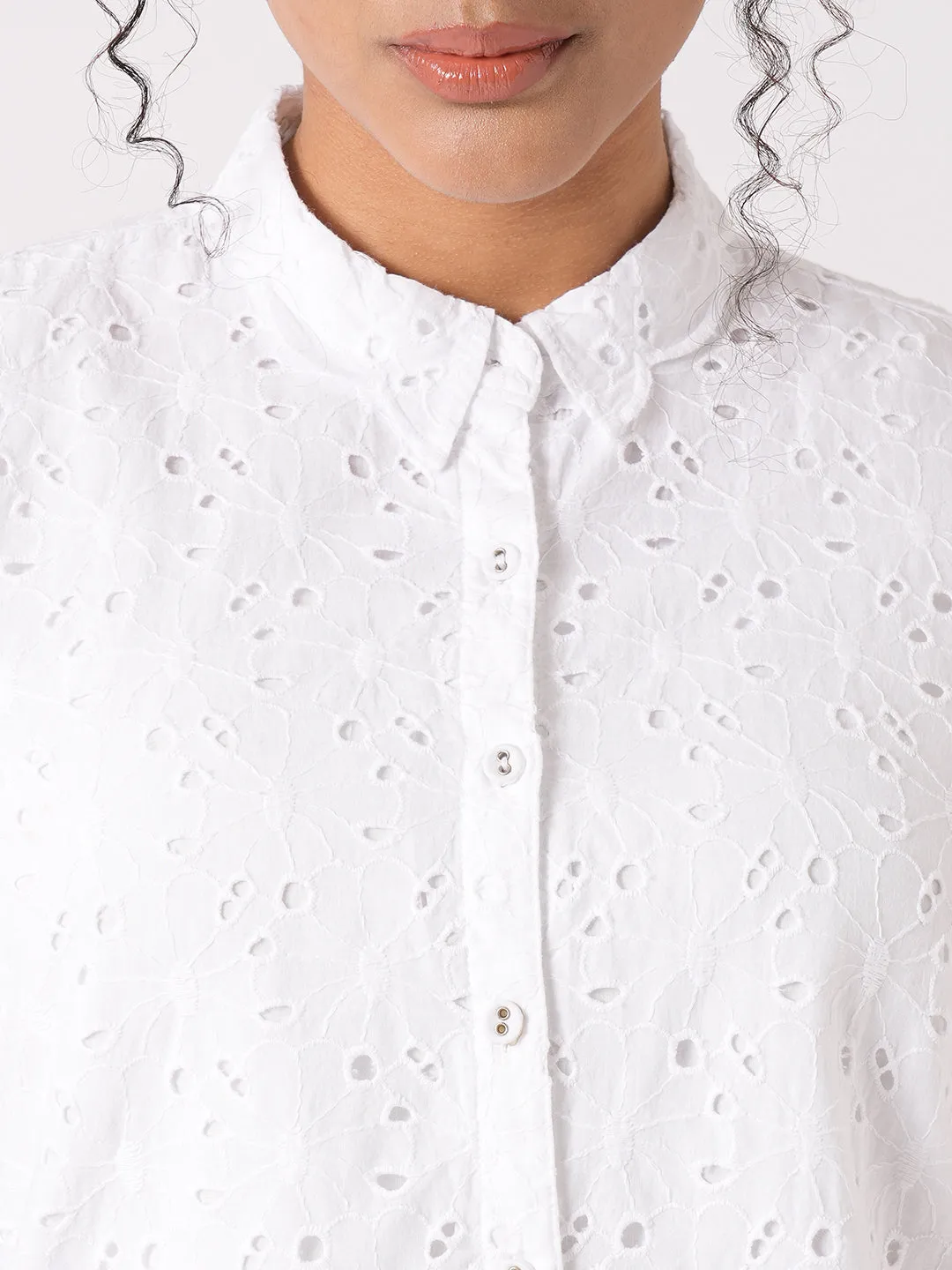 Women Slim Fit Bleach White Crop Schiffli Shirt