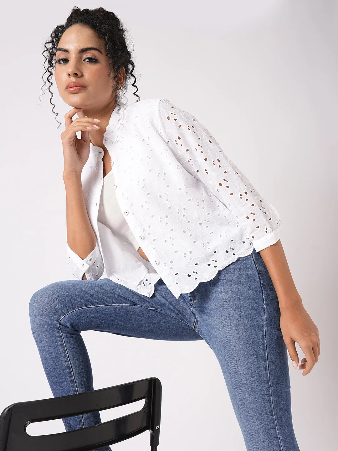 Women Slim Fit Bleach White Crop Schiffli Shirt