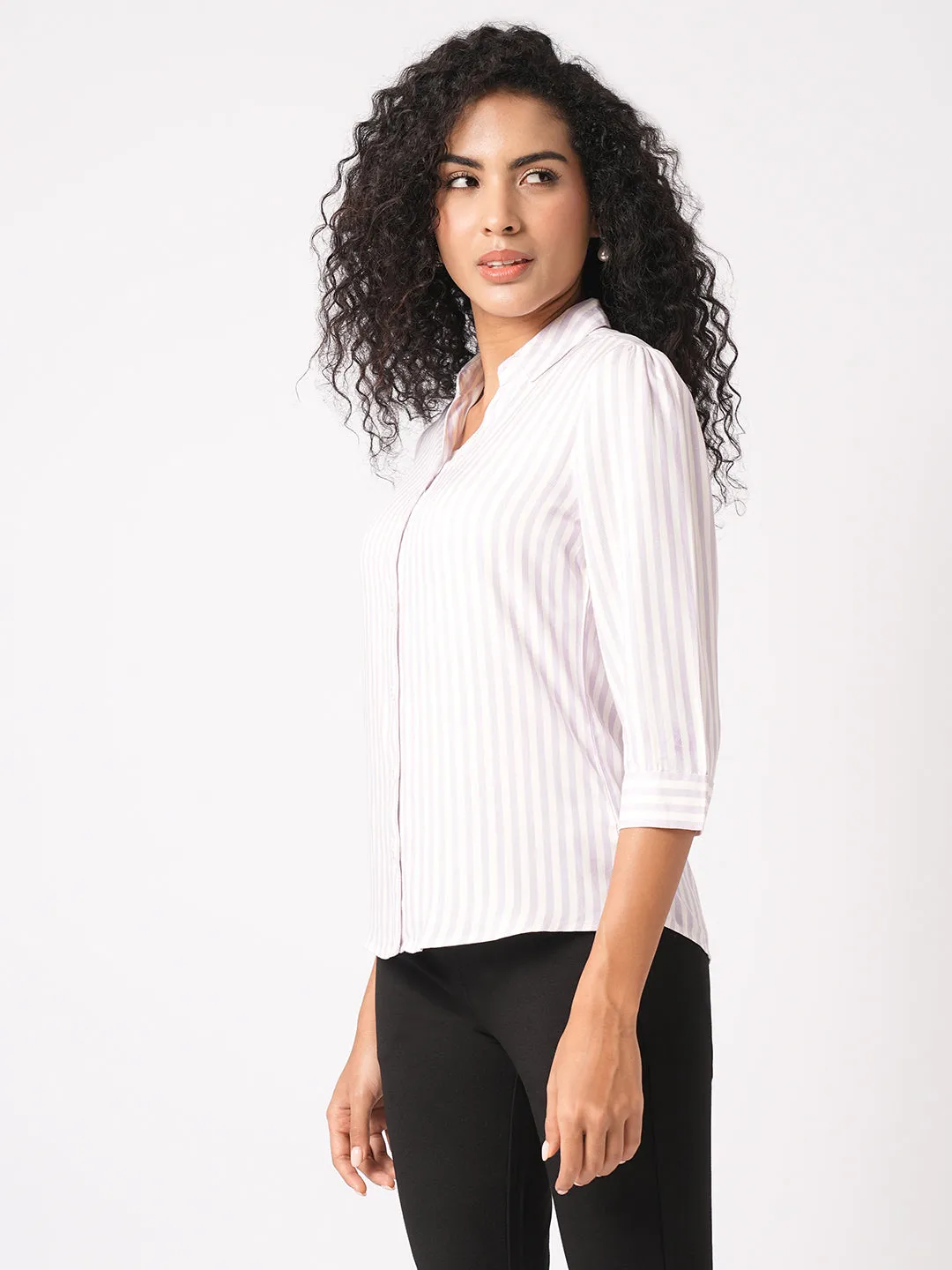 Women Slim Fit Lilac/White Stripe Shirt