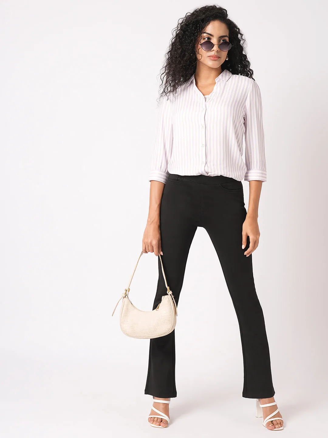 Women Slim Fit Lilac/White Stripe Shirt