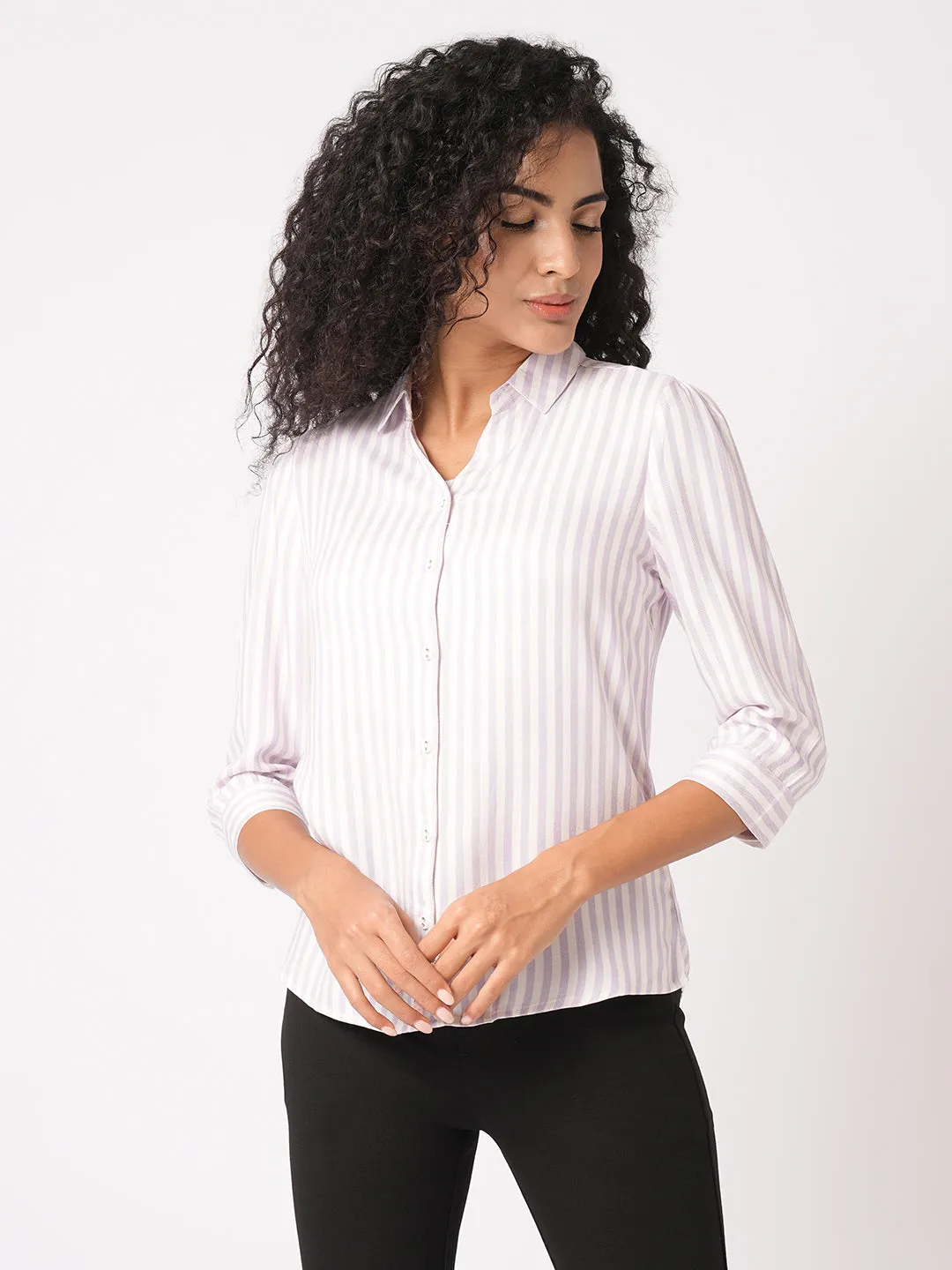 Women Slim Fit Lilac/White Stripe Shirt