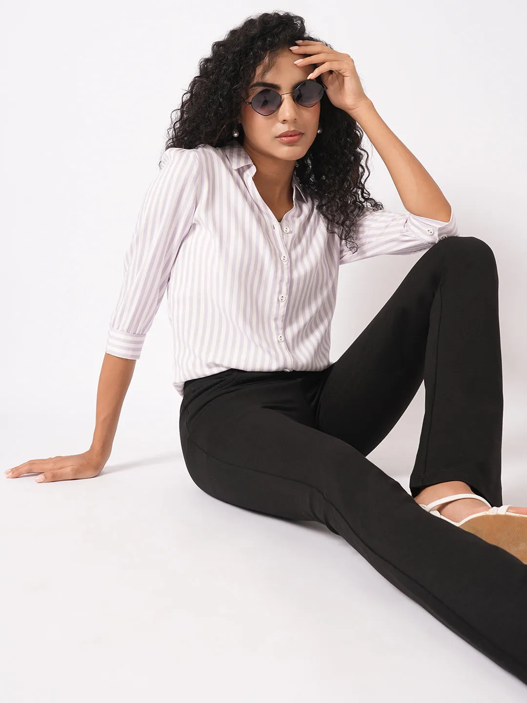 Women Slim Fit Lilac/White Stripe Shirt